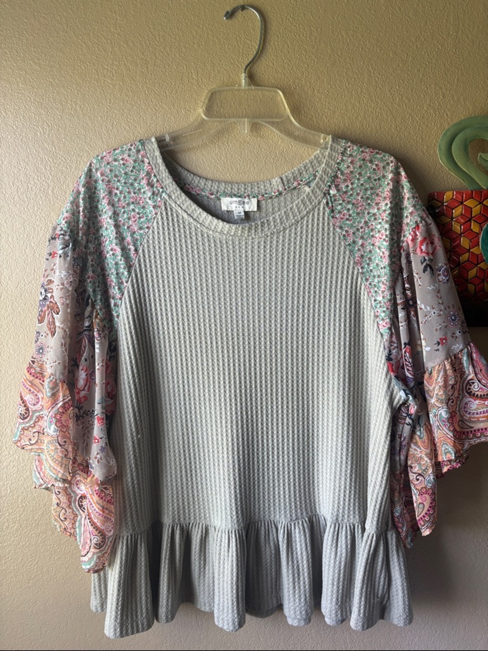 Umgee Light Gray Waffle Knit Top with Floral Paisley Bell Sleeves